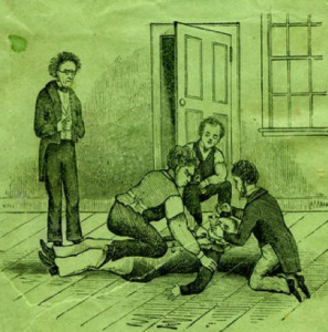 Close up image from Astounding Disclosures cover includes a struggle between individuals inside the facility that Hunt calls a “madhouse” , the Maine Lunatic Asylum in August, Me. Courtesy www.disabilitymuseum.org