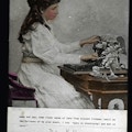 Young Helen Keller seated facing right, wearing a long sleeved dress at a table typing on a typewriter or braille writer.  In color.