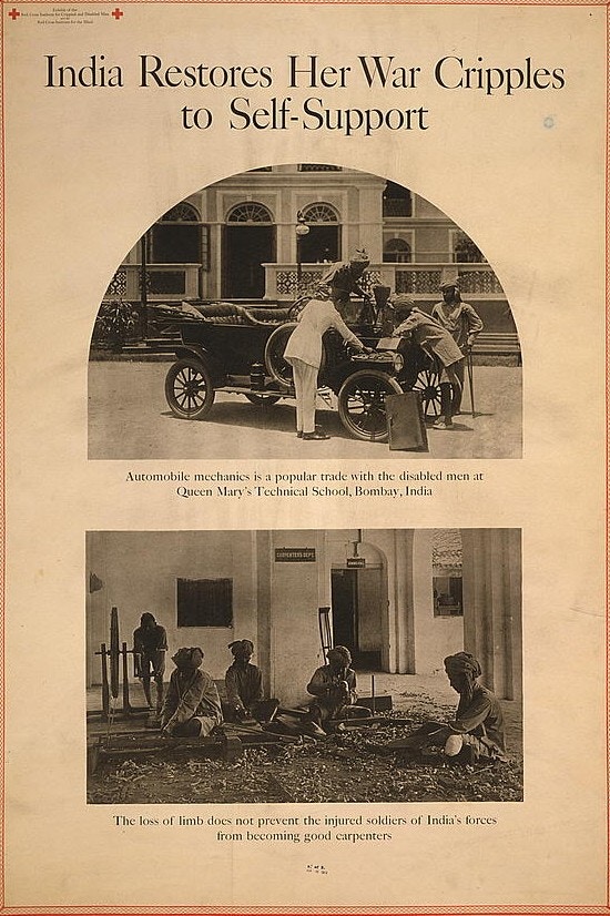 Exhibit poster showing two scenes in which disabled veterans learn trades.