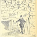 Cartoon of soldier with cane in military fortification made of sandbags marked charity.  Poison gas, marked worn-out notion of the cripple, lies in the direction of a job.