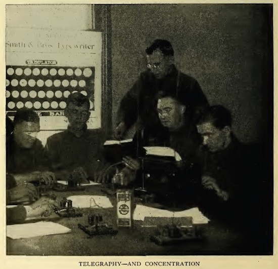 One man, standing, teaches four sitting men how to use telegraph machines.