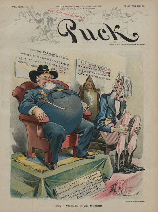 Print showing a bloated Civil War veteran sitting on a chair beneath a sign that states "How the Fatman has grown." On display next to him is Uncle Sam sitting on a chair beneath a sign that states "The Living Skeleton."