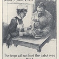 Poster with a drawing of a doctor applying eye drops into a baby's eyes, a nurse assisting.