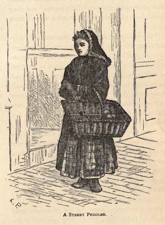 Girl holds a basket on a city street.