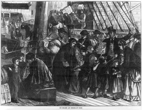 Image of a crowd of immigrants on a sailing ship.