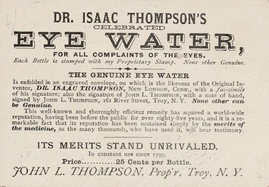 Trade card describing the merits of Dr. Isaas Thompson's Celebrated Eye Water.