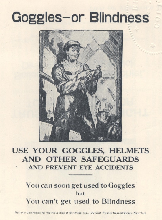 Poster with smiling factory pointing at broken goggles.