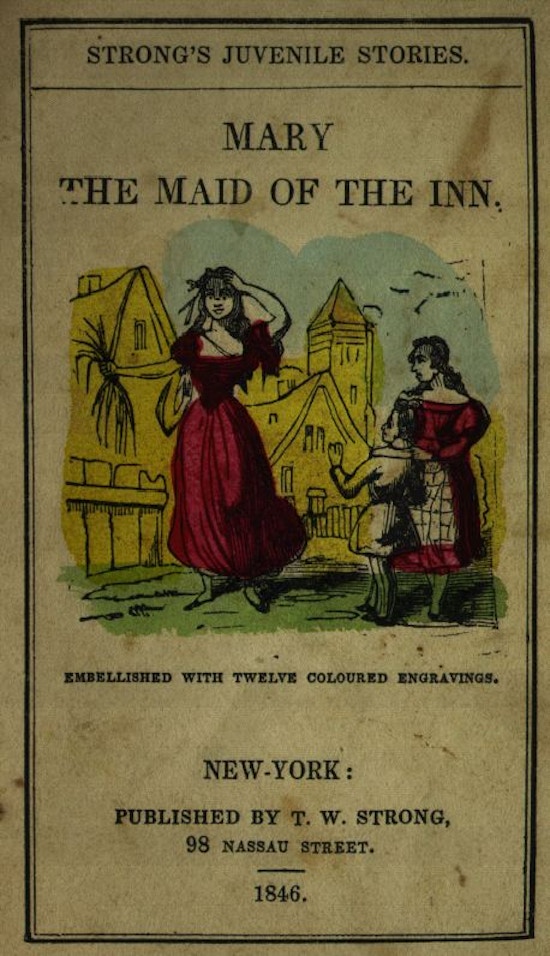 Cover of pamphlet with colored picture of Mary with two onlookers.