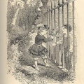 A child in fancy dress passes flowers through an iron fence to a child in simple dress.