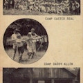Postcard includes three photographs: top-- group photo of campers at Camp Easter Seal; center-- counselors help campers with artificial legs practice archery; bottom-- group photo of campers at Camp Daddy Allen waving their arms