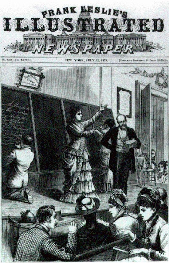 A drawing of a woman on a stage signing the Marseillaise Hymn at the 1879 graduation of the New York Institution for the Instruction for the Deaf and Dumb.