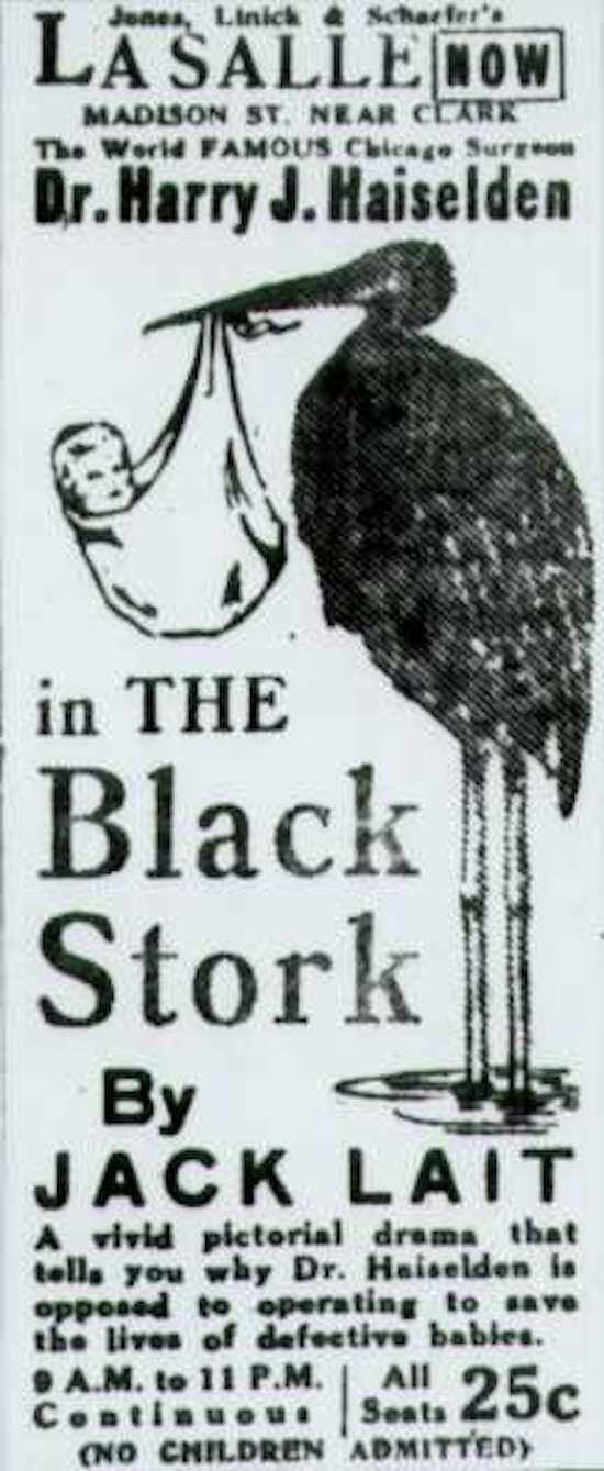 Motion Picture Directory Ad for The Black Stork at the LaSalle.  The ad has a picture of a black stork with a baby in a bundle in its beak.