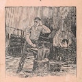 An engraving of a blacksmith working at an anvil.  One hand covers an eye.