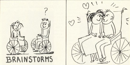 A cartoon of a wheelchair built for two young people in love.