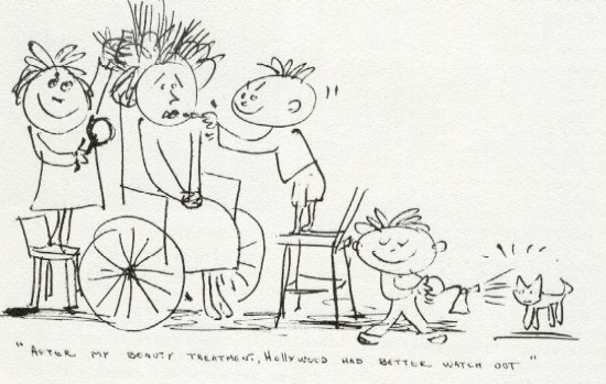 A drawing of woman in a wheelchair with children applying make-up.