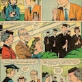 Comic book panels of a young man speaking with his family at a high school graduation.