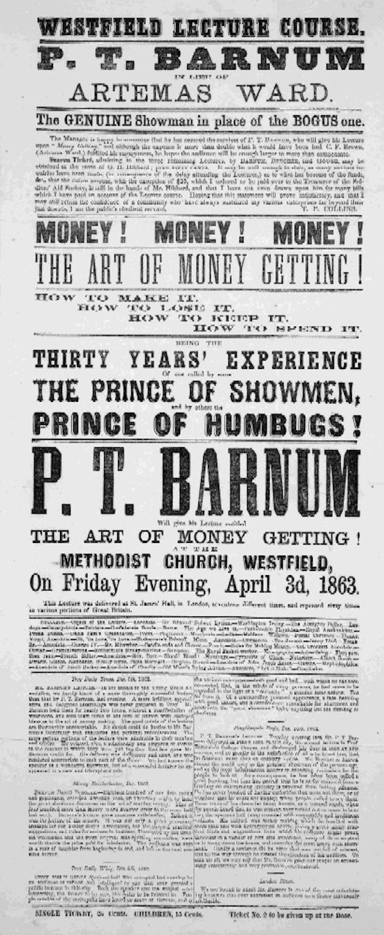 A printed broadside announcing a Barnum lecture at Westfield, Massachusetts.