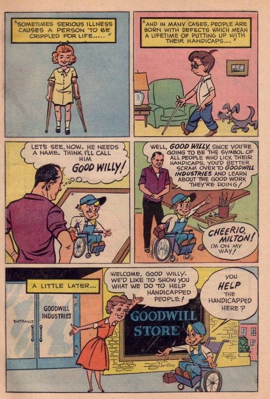 Panels of the comic book, "The Will to Win." Milton Caniff thinks about people with disabilities and shows Good Willy at a Goodwill store.