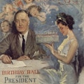 Children sing while a woman presents Franklin Roosevelt with a birthday cake.