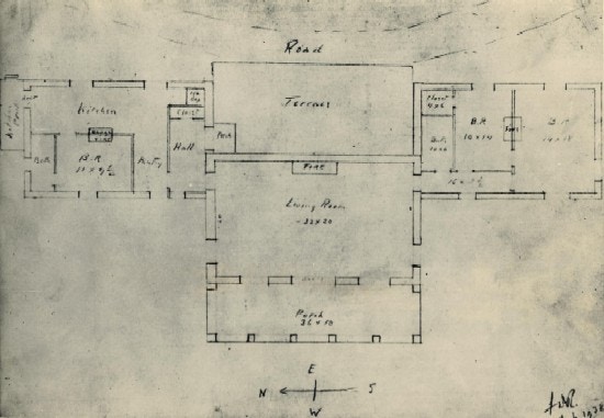 Architectural drawing of floor plan for Top Cottage, signed by Franklin Roosevelt.