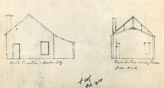 Architectural drawing of Top Cottage, front and side views.