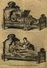 Two images - A woman lying in bed; the same woman lying in bed upright with table
