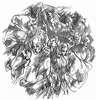 Drawing of a tangle of faces and bodies.