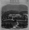 An institutional building, classical architechture with columns and stairs, sits on a hill with a tree-lined road leading to it, in a pastoral landscape.