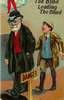 Bright color illustration of an elderly blind man leading a young blind boy past a Danger sign