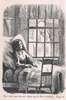 A young woman in bed looks out her window at the town.