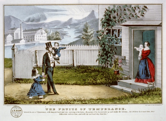 A man in top hat returns home to smiling wife and children, factory on a river in the background.