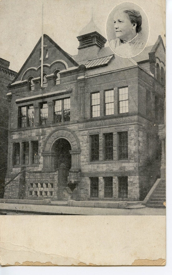 Photograph of a side with an arched entrance to the Horace Mann School, image of Sarah Fuller included at top.