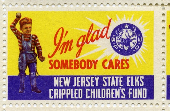 Stamp with image of child in braces about to throw a baseball.