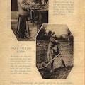 Exhibit poster showing two scenes At work again and Back to the farm in which men using working protheses perform manual labor in a woodworking shop and on a farm.