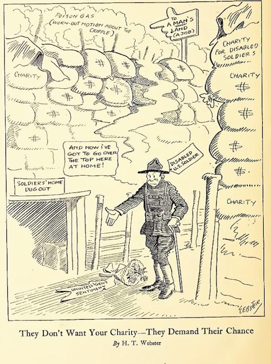 Cartoon of soldier with cane in military fortification made of sandbags marked charity.  Poison gas, marked "worn-out notion of the cripple," lies in the direction of a job.