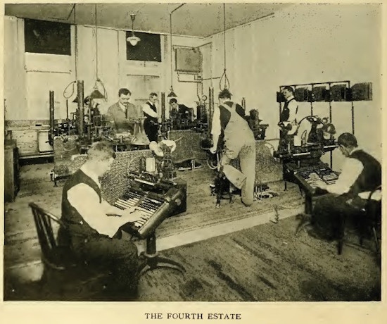 Six men working in a typesetting room.