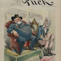 Print showing a bloated Civil War veteran sitting on a chair beneath a sign that states How the Fatman has grown. On display next to him is Uncle Sam sitting on a chair beneath a sign that states The Living Skeleton.