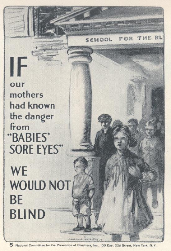 Poster with drawing of several children leaving a school for the blind.