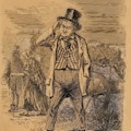 A man in a top hat scratches his head, elderly women in tatters behind him.