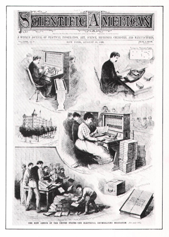 Cover of Scientific American magazine, showing men and women working on census data using Hollerith Tabulator and its punch cards.