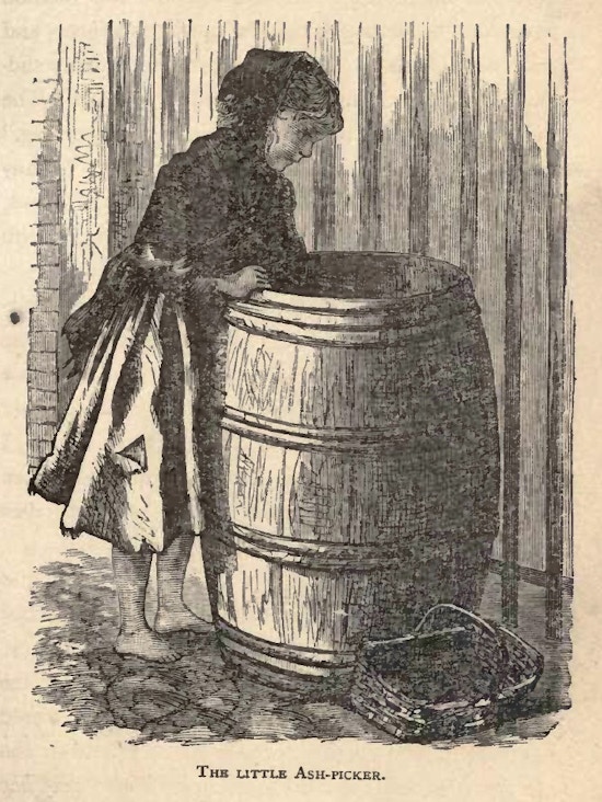 Barefoot girl in ragged clothes looks into barrel.