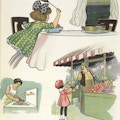 Images of a girl swatting flies around food at a table, a woman washing food at a sink, and flies around food sold by a street vendor.