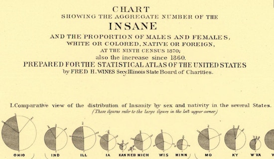 Twelve pie charts showing a "comparative view of the distribution of insanity by sex and nativity in the several States."