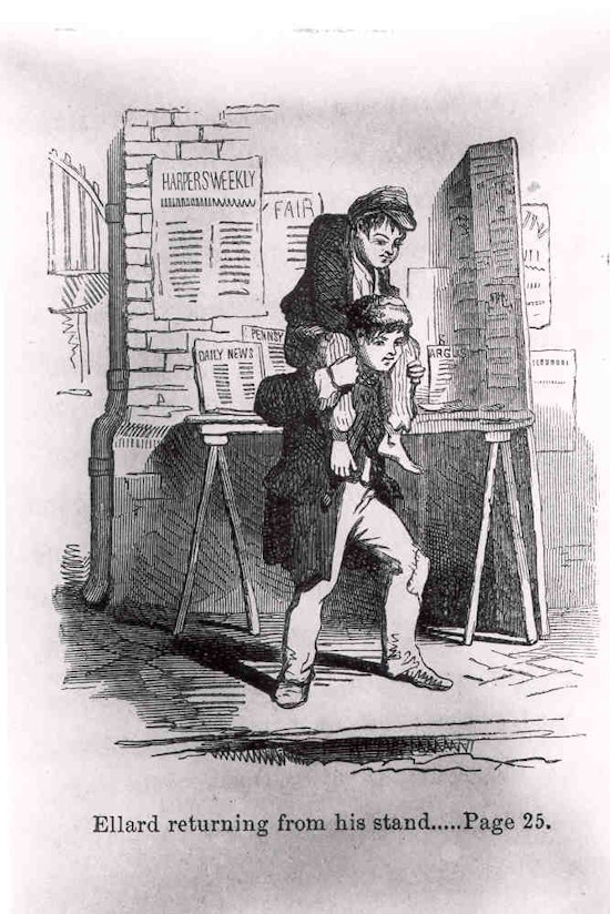 A boy with a hunched back is carried on the shoulders of another boy in front of a newstand.
