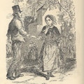 A man in a top hat hands a pamphlet (tract) to a woman outside of her home.