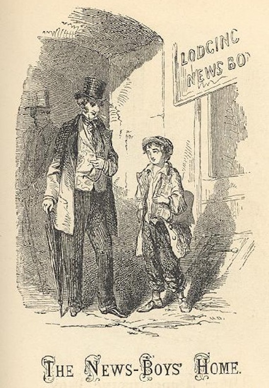 A man in a top hat talking with a newsboy.