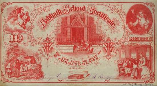 Certificate awarded and inscribed to student. Decorated with illustrations of church scenes.