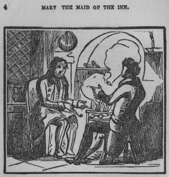 Two men sit by a fire at the inn.