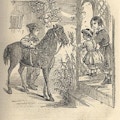 A child feeds some leaves to a pony from a porch.