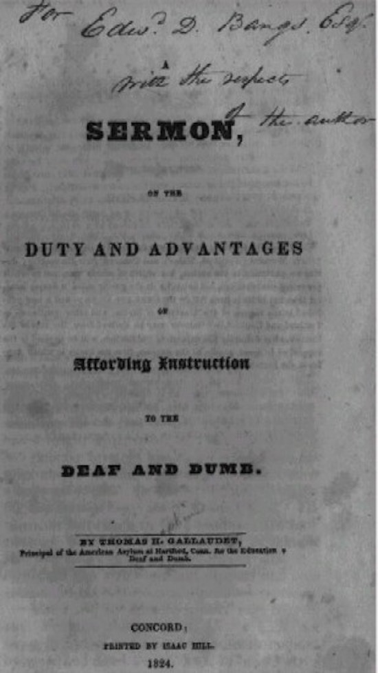 Front cover of pamphlet titled "Sermon, on the Duty and Advantages of Affording Education to the Deaf and Dumb"